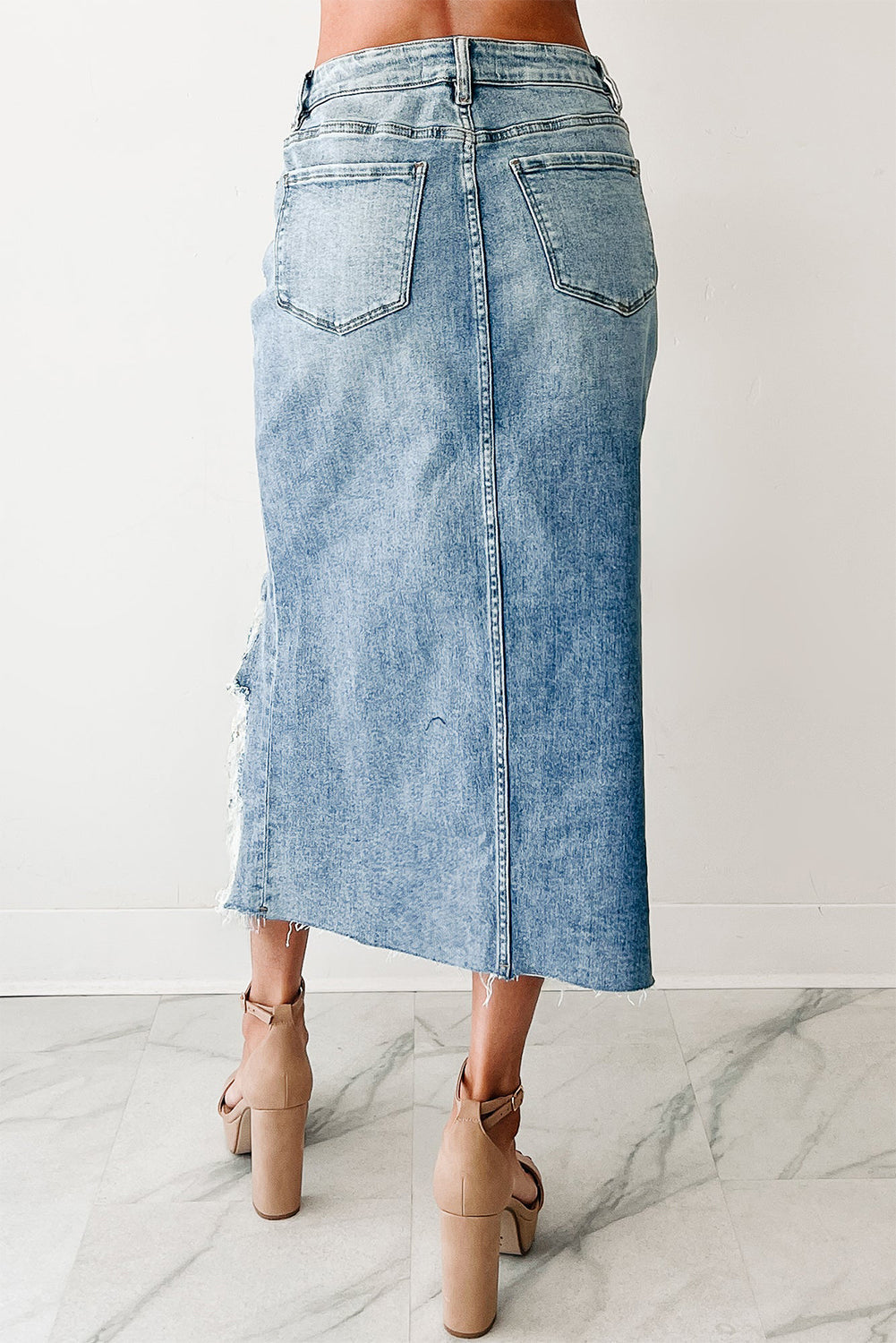 Distressed Denim Midi Skirt RTS