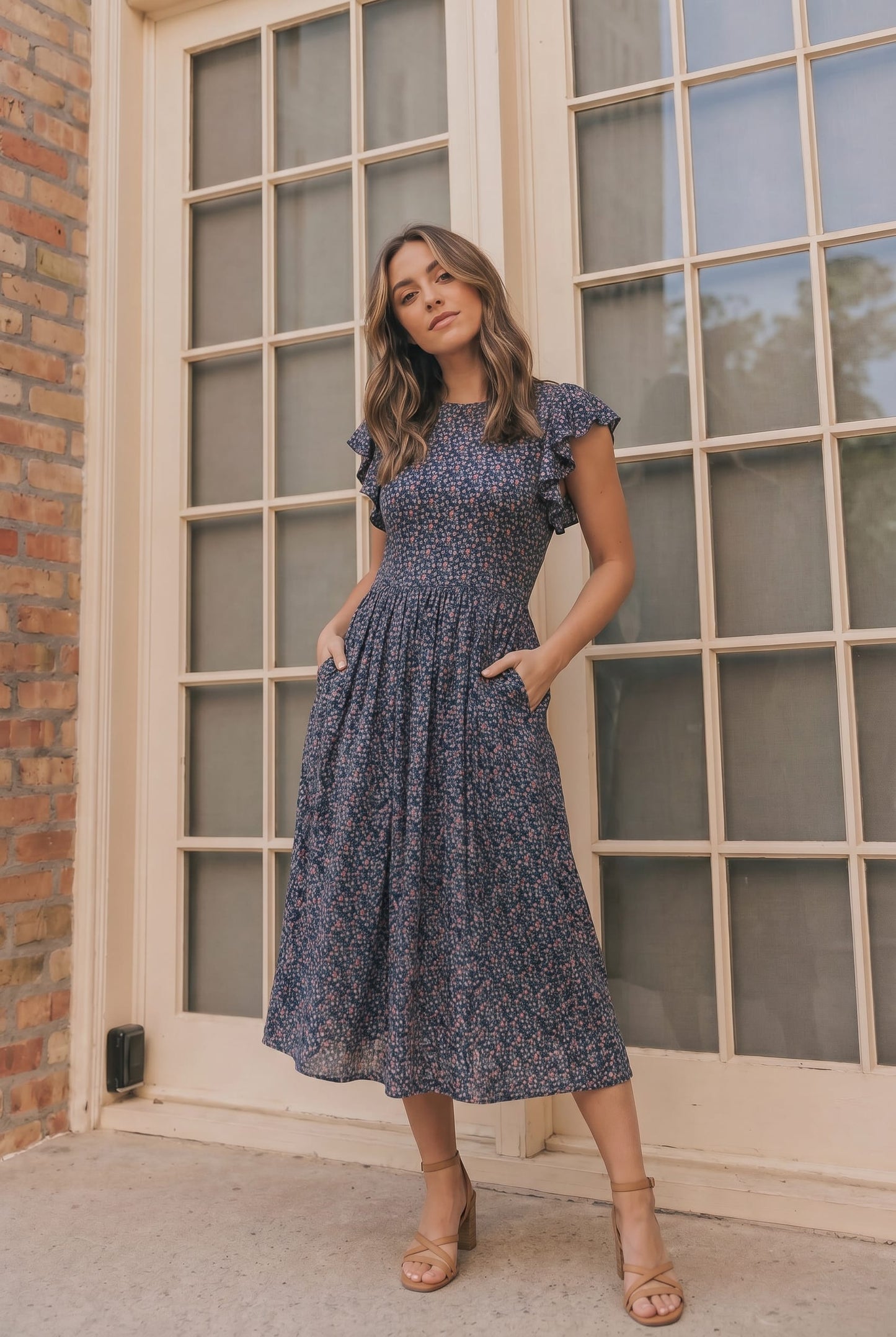 Black Floral Flutter Sleeve Midi Dress