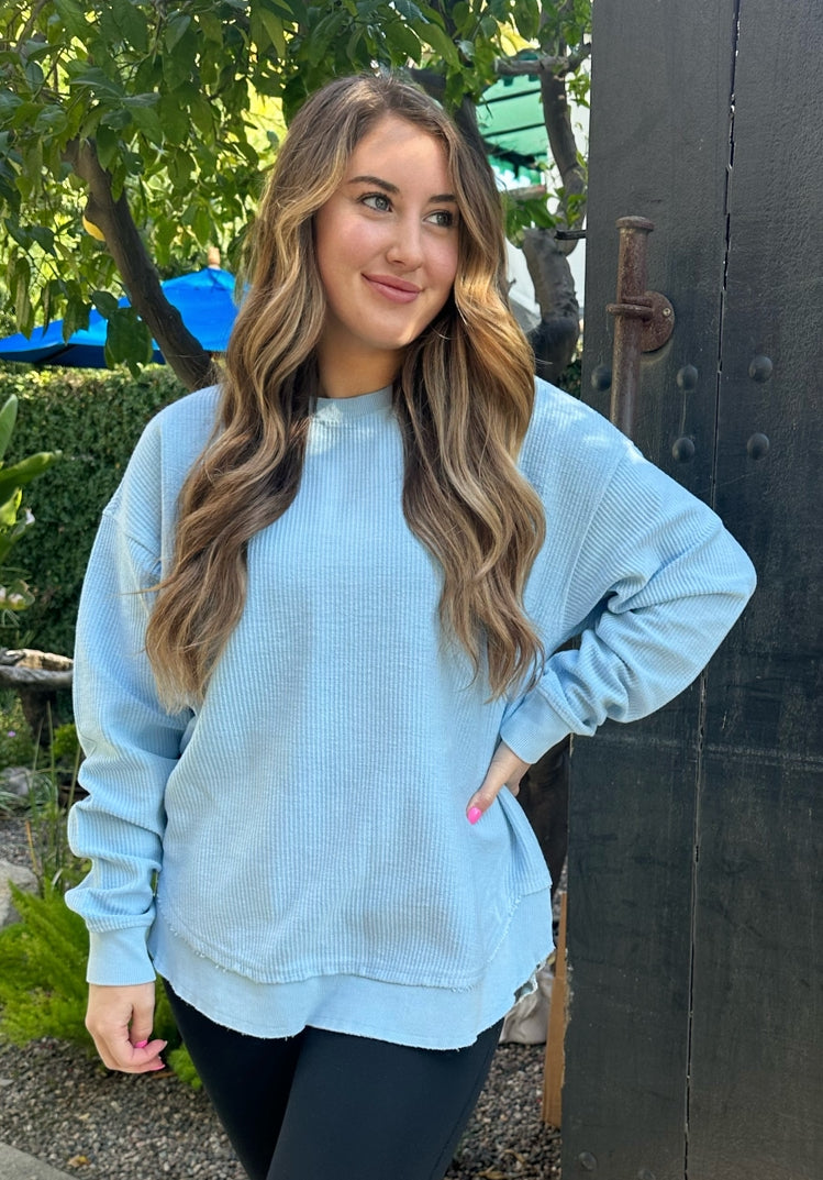 ROUNDED BOTTOM Cozy Cord Crew Sweatshirt - SKY BLUE
