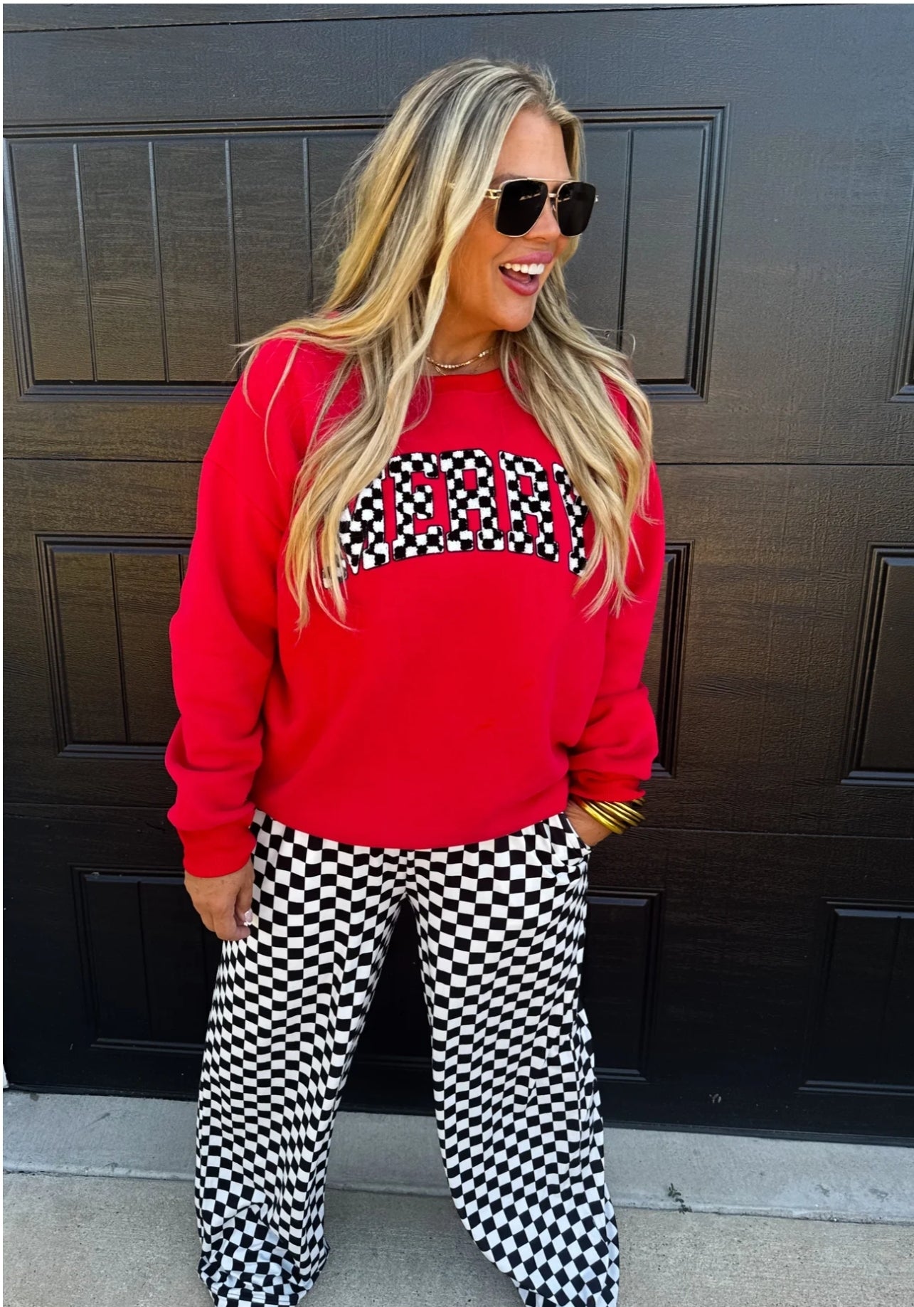 MERRY CHECKERED LETTER SWEATSHIRT