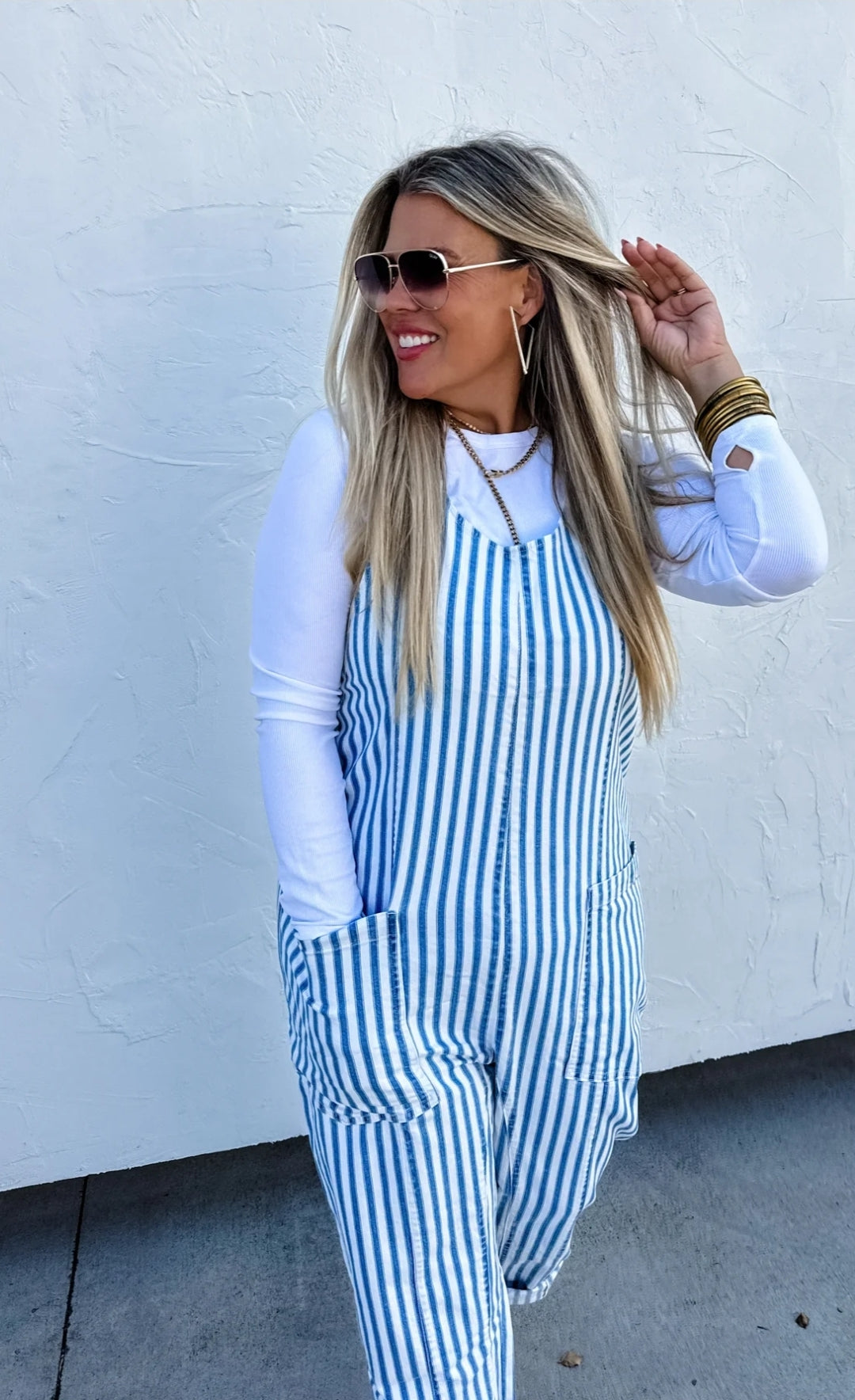 PREORDER- BLUE STRIPE BRITTE ROMPER OVERALLS