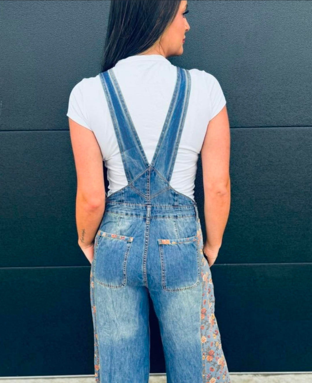 Peacock Blue Floral Patchwork Wide Leg Overalls