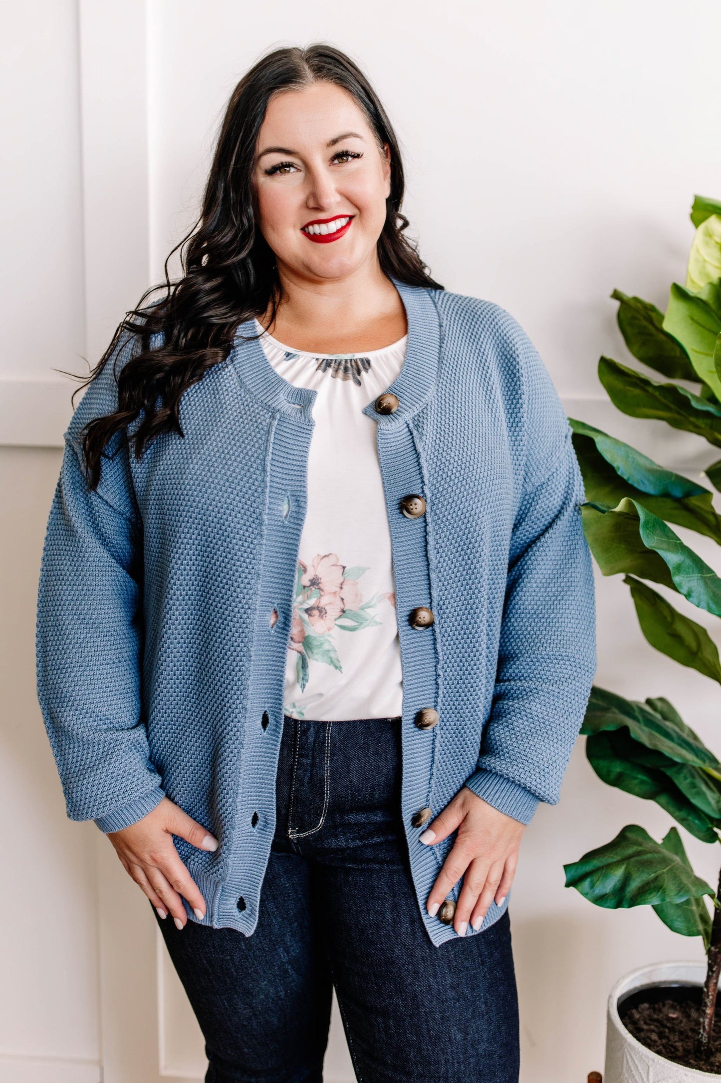 11.6 Ivory Floral Three-Quarter Sleeve Top With Button Detail
