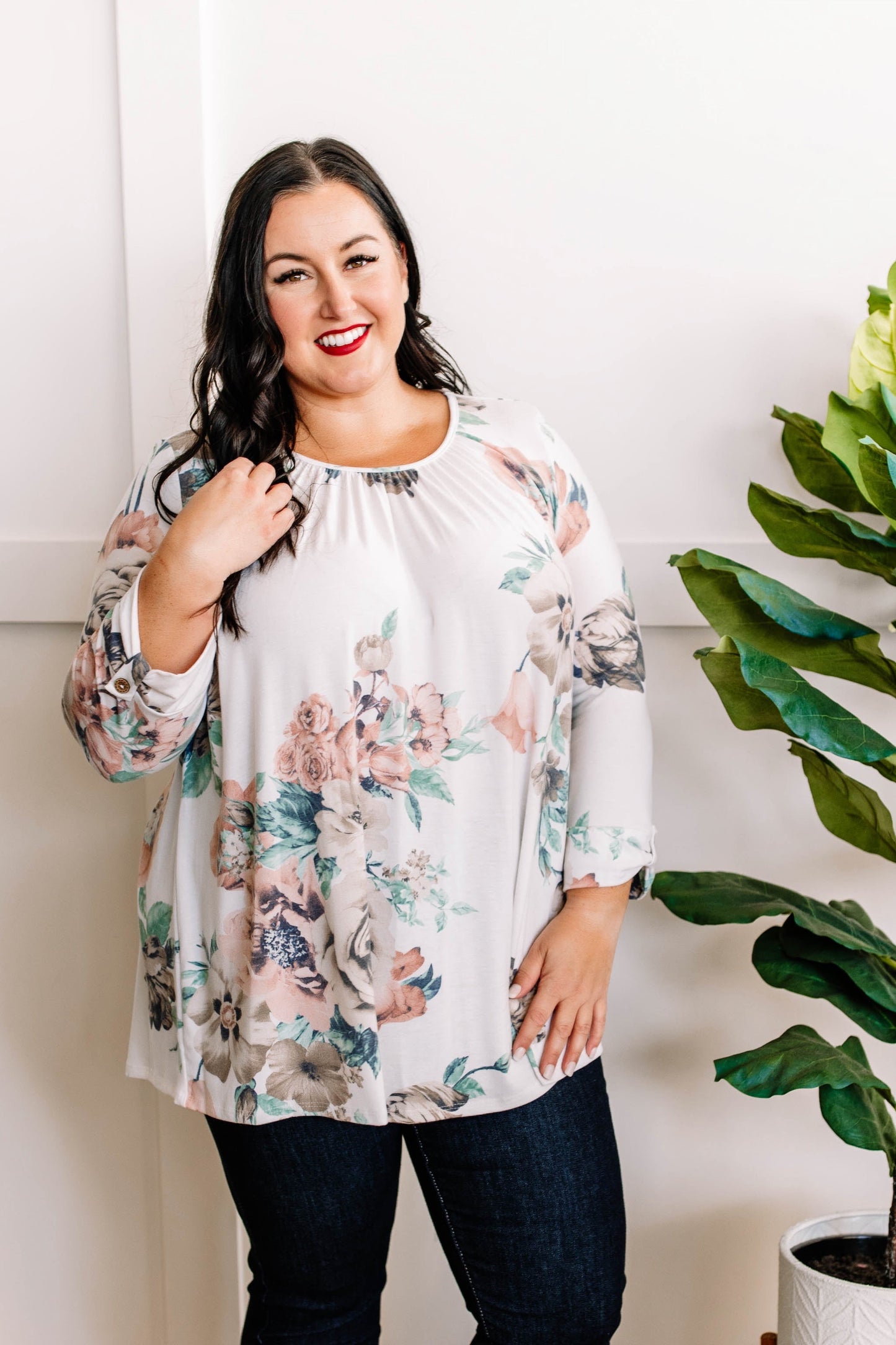 11.6 Ivory Floral Three-Quarter Sleeve Top With Button Detail
