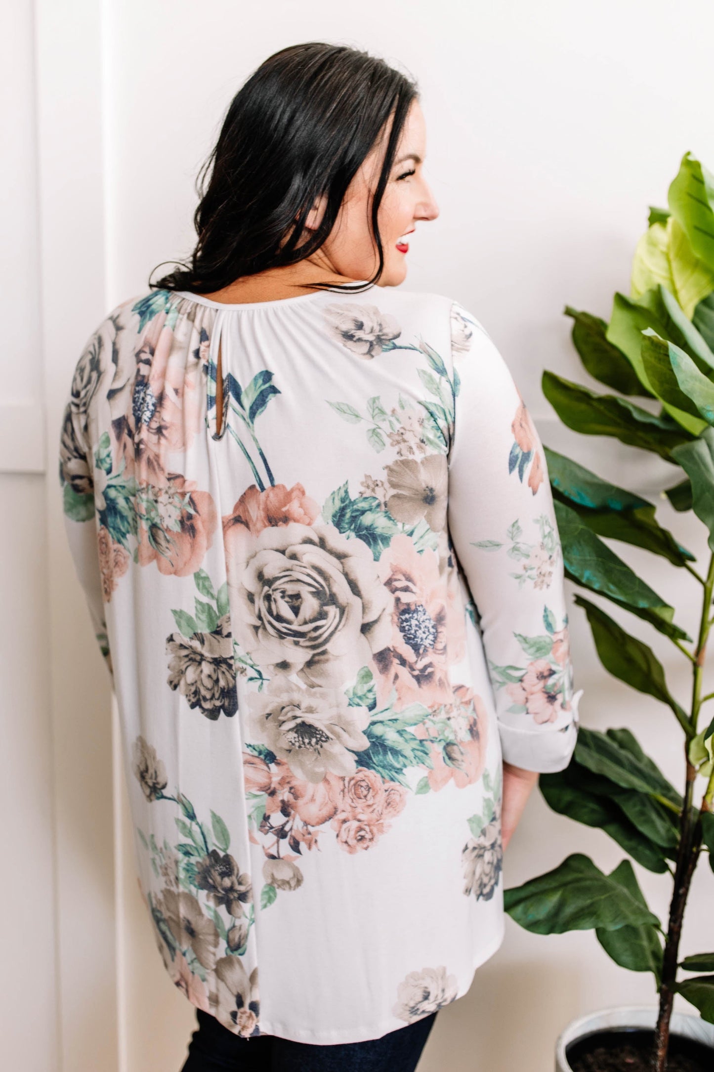11.6 Ivory Floral Three-Quarter Sleeve Top With Button Detail