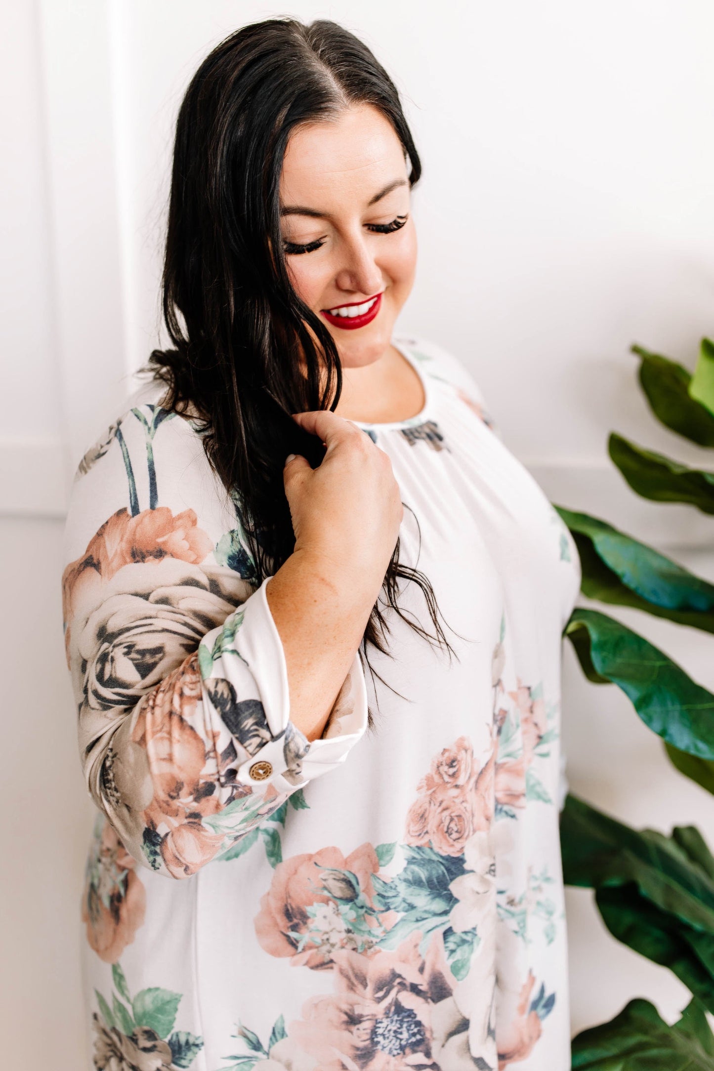 11.6 Ivory Floral Three-Quarter Sleeve Top With Button Detail