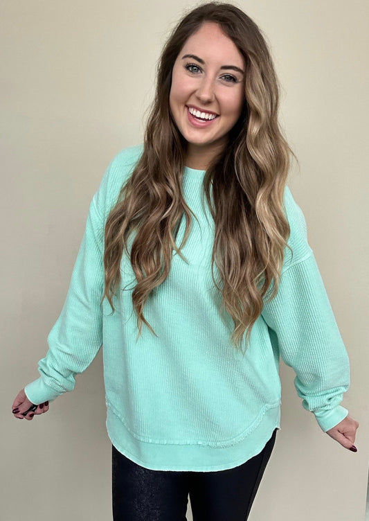 ROUNDED BOTTOM Cozy Cord Crew Sweatshirt - MINT