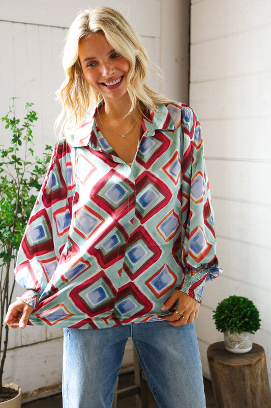 Mint To Be V Neck Bubble Sleeve Silky Collared Blouse