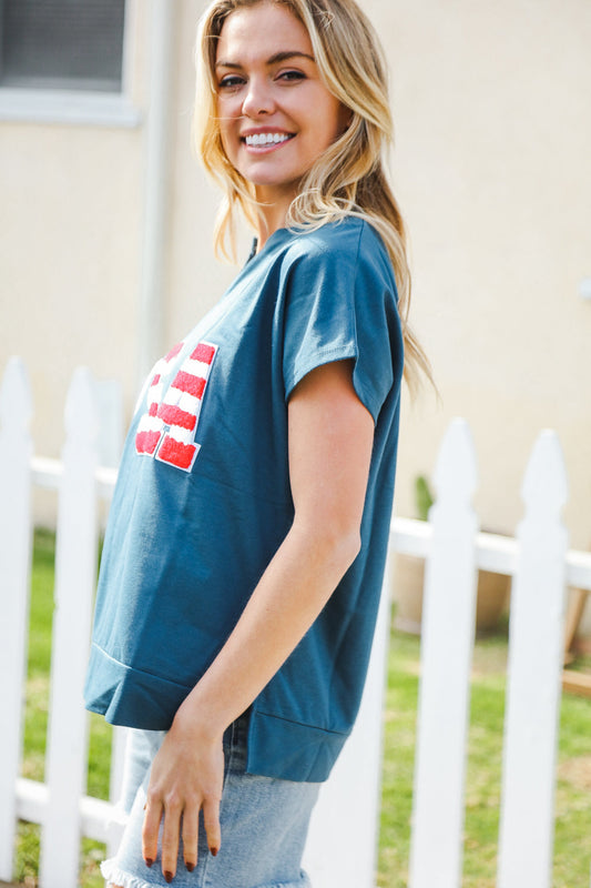 Patriotic Denim Blue French Terry Plaid Star Patch Top
