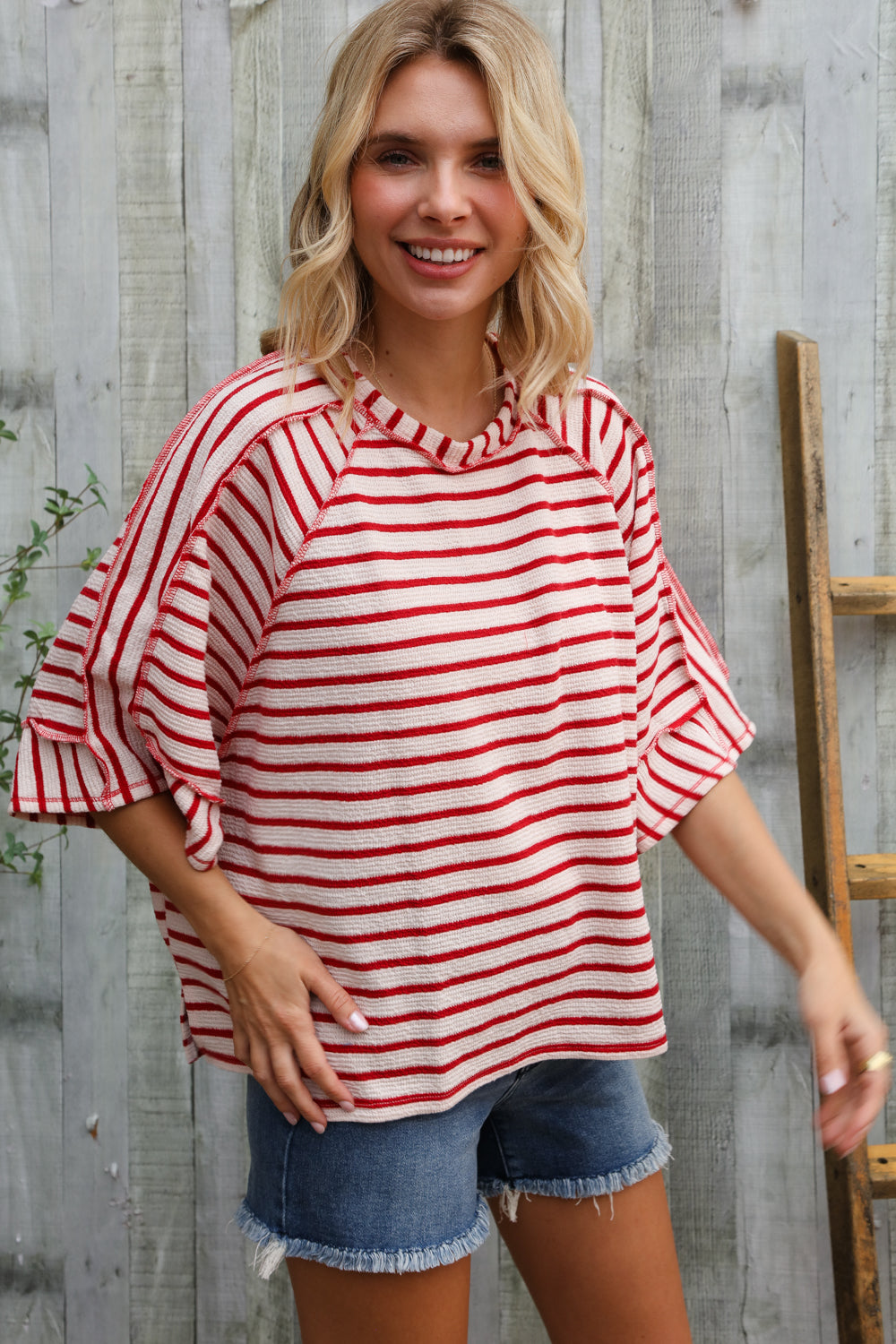 Casual Chic Cotton Red & Cream Stripe Raglan 3/4 Sleeve Pullover