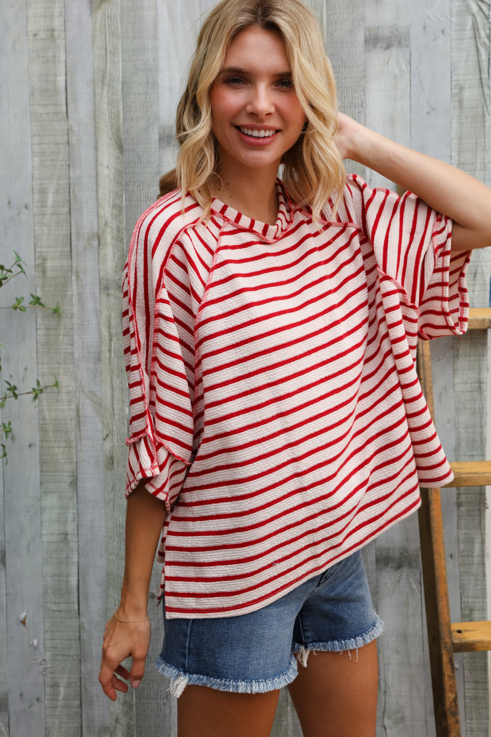Casual Chic Cotton Red & Cream Stripe Raglan 3/4 Sleeve Pullover