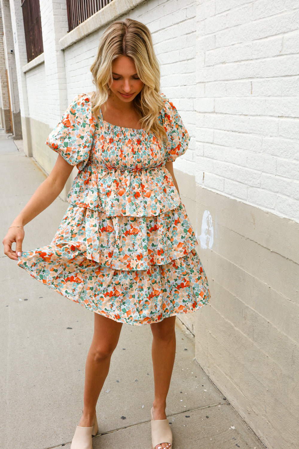 Find Love Floral Print Smocked Neck Puff Sleeve Ruffle Tiered Dress