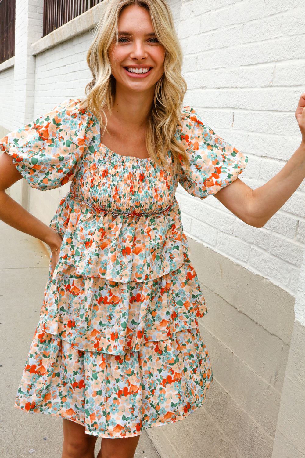 Find Love Floral Print Smocked Neck Puff Sleeve Ruffle Tiered Dress