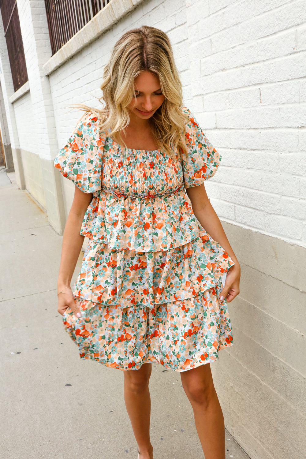 Find Love Floral Print Smocked Neck Puff Sleeve Ruffle Tiered Dress