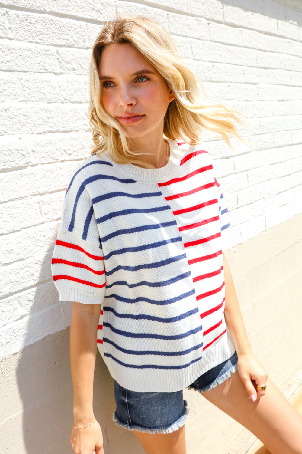 Patriotic Red & Blue Stripe Drop Shoulder Oversize Sweater Top