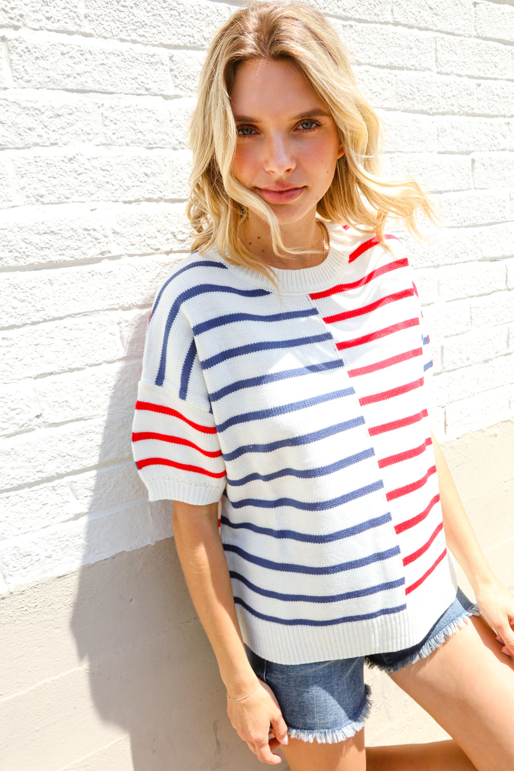 Patriotic Red & Blue Stripe Drop Shoulder Oversize Sweater Top