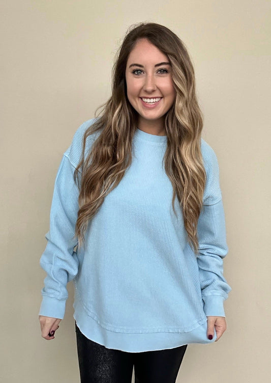 ROUNDED BOTTOM Cozy Cord Crew Sweatshirt - SKY BLUE