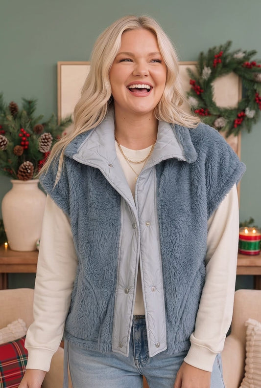 Snuggle Season Sherpa Vest in Slate