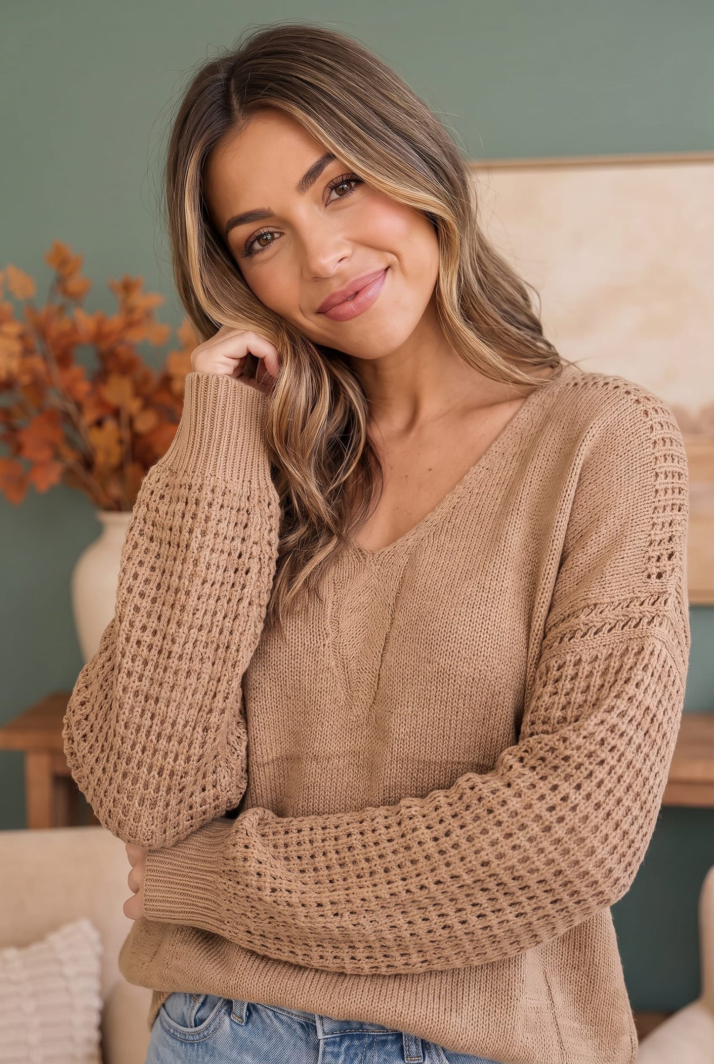 Cozy Caramel V-Neck Sweater with Crochet Sleeves