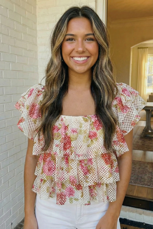 Ready with Ruffles Floral Mesh Top