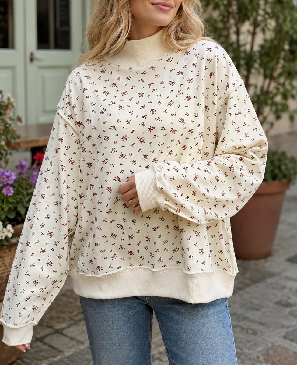 Beige Ribbed Floral Pullover RTS