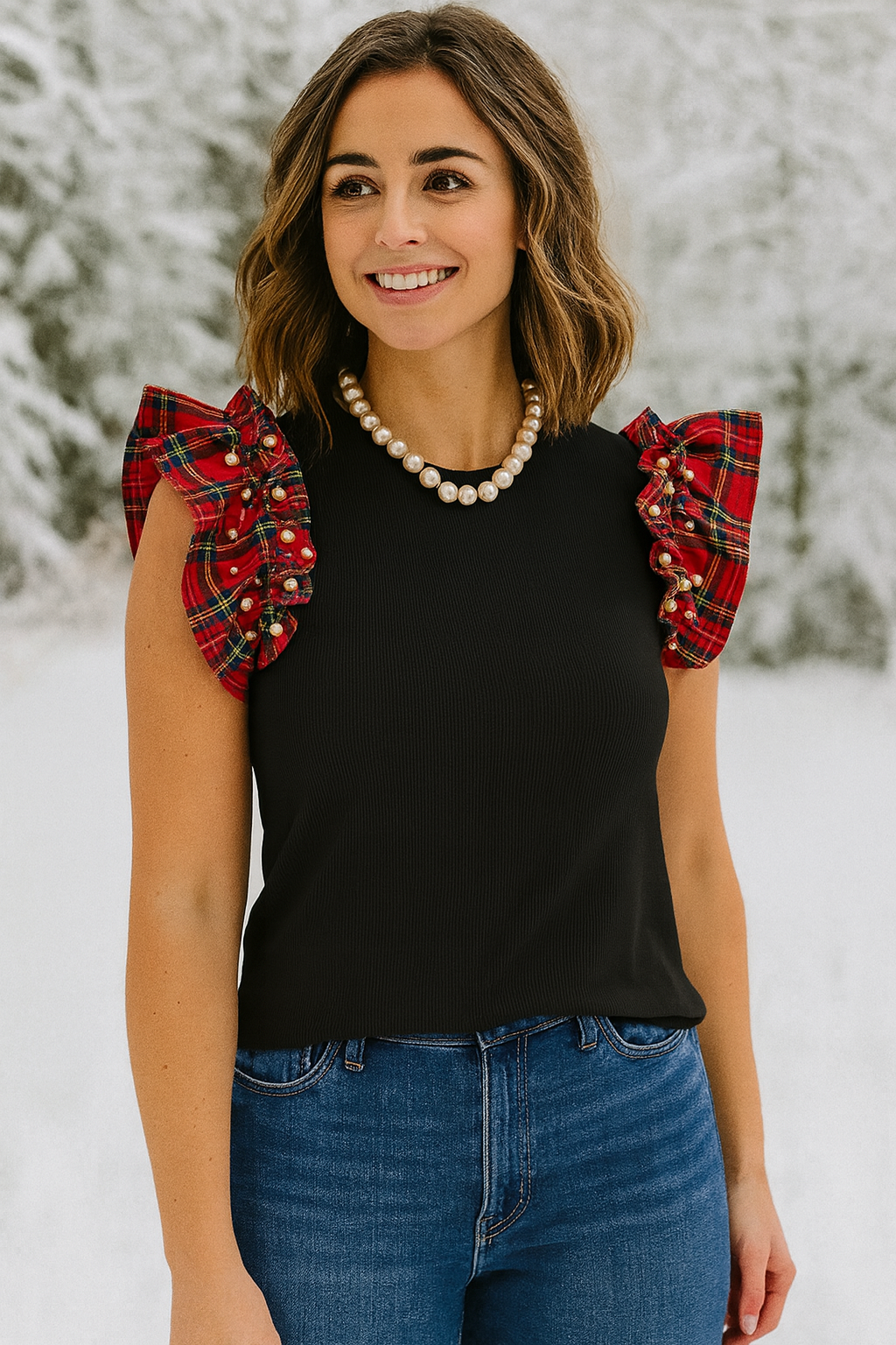 Plaid Pearl Ruffle Top RTS