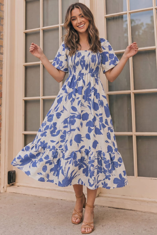Blue Blooms & Sunshine Midi Dress