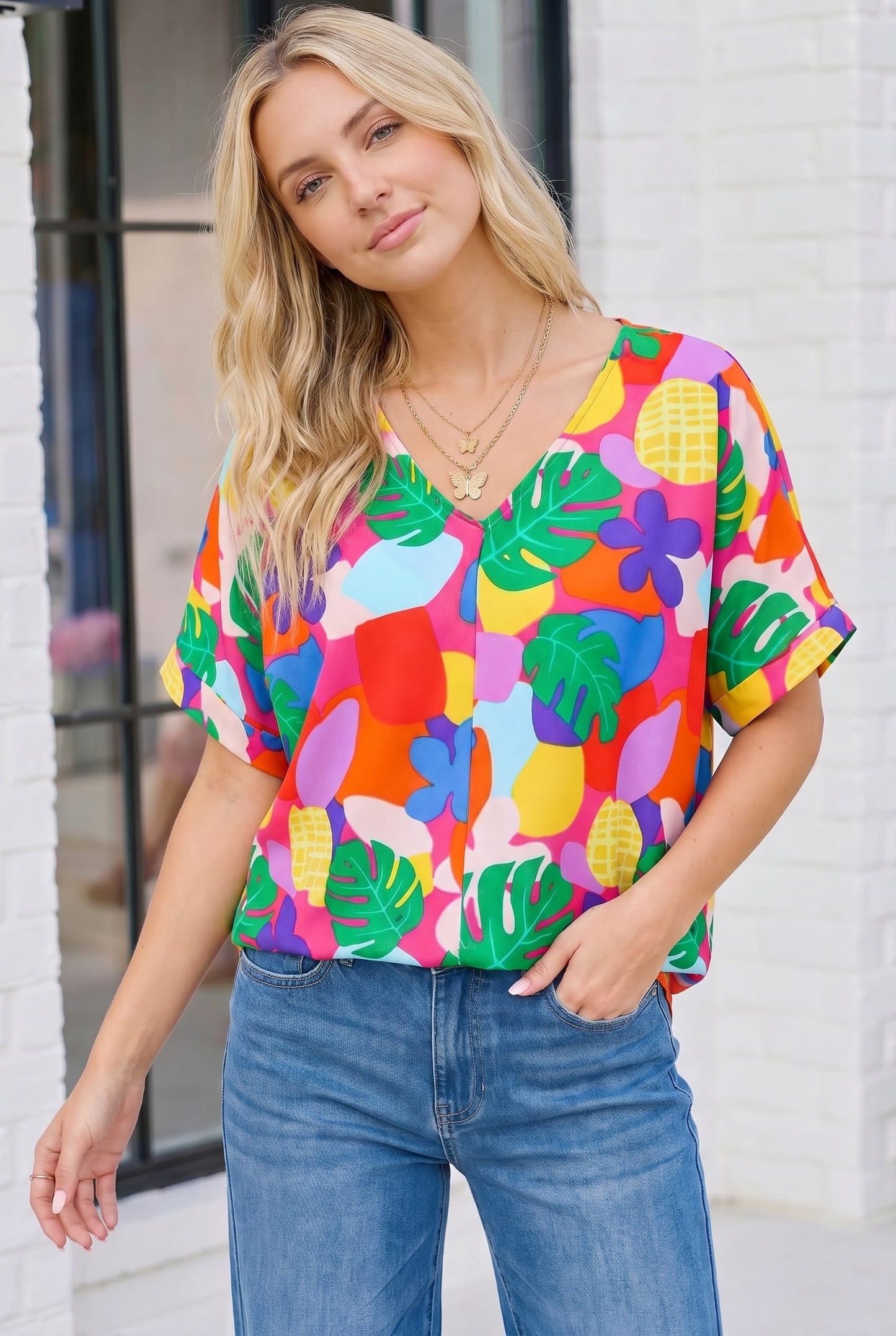Tropical Pop Art V-Neck Top