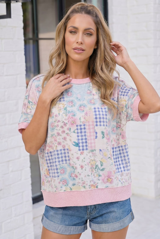 Floral Patchwork Short Sleeve Sweatshirt Top