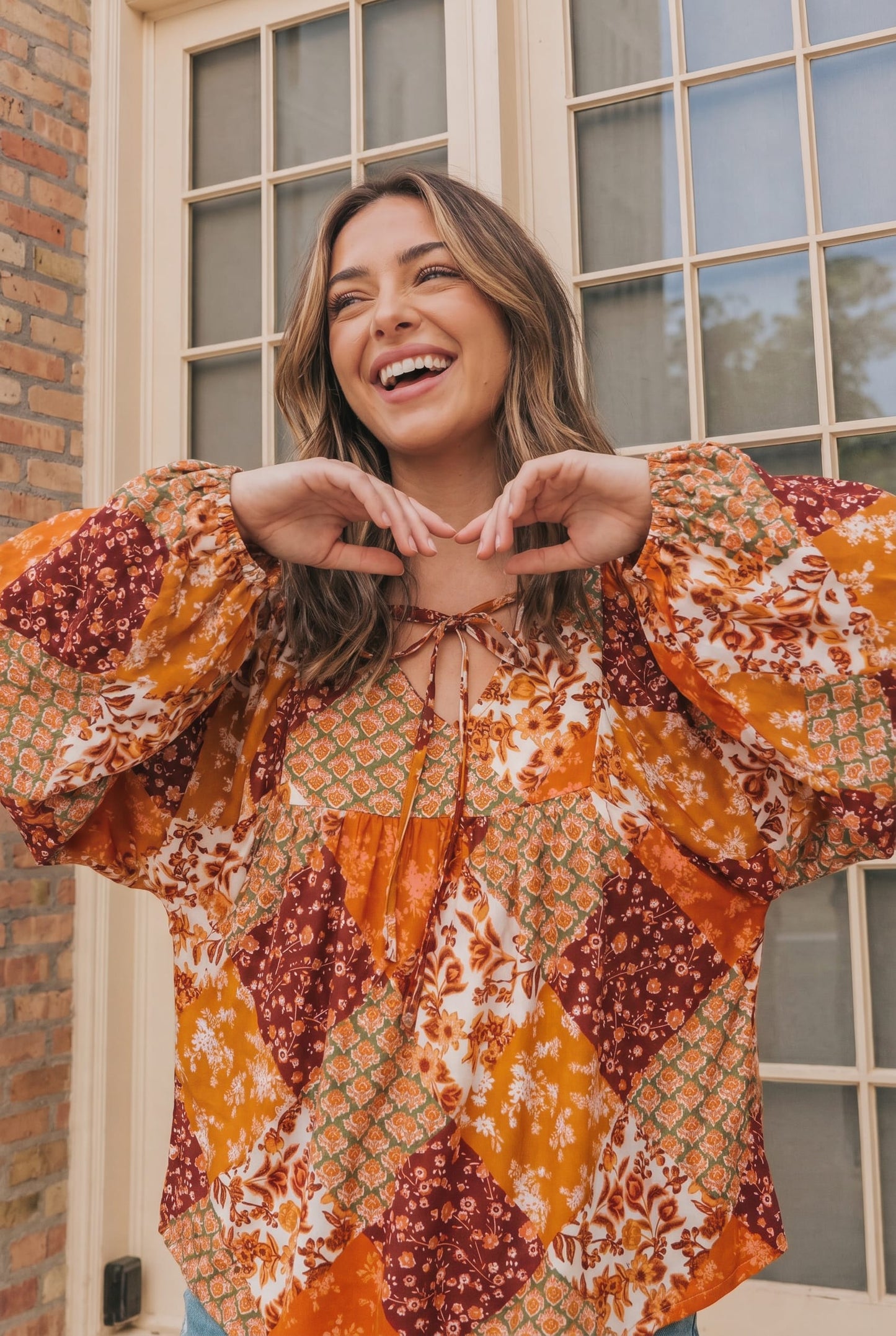 Autumn Patchwork Boho Blouse in Rust