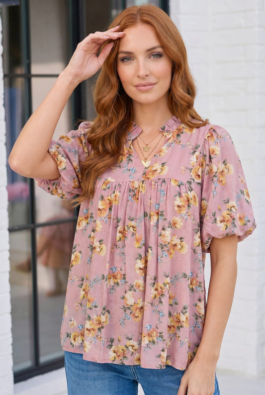 Blooming With Joy Rose Floral Puff Sleeve Top