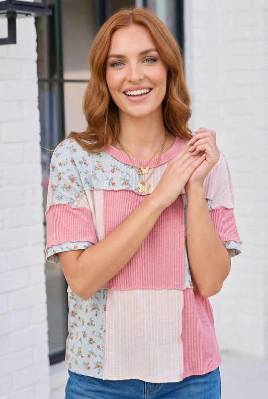 Patchwork Floral Ruffle Top in Pink and Blue