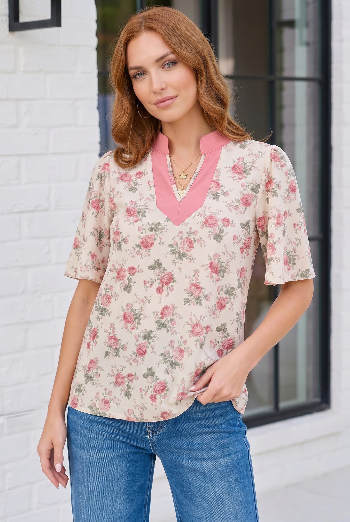 Rosy Garden Flutter Sleeve Blouse