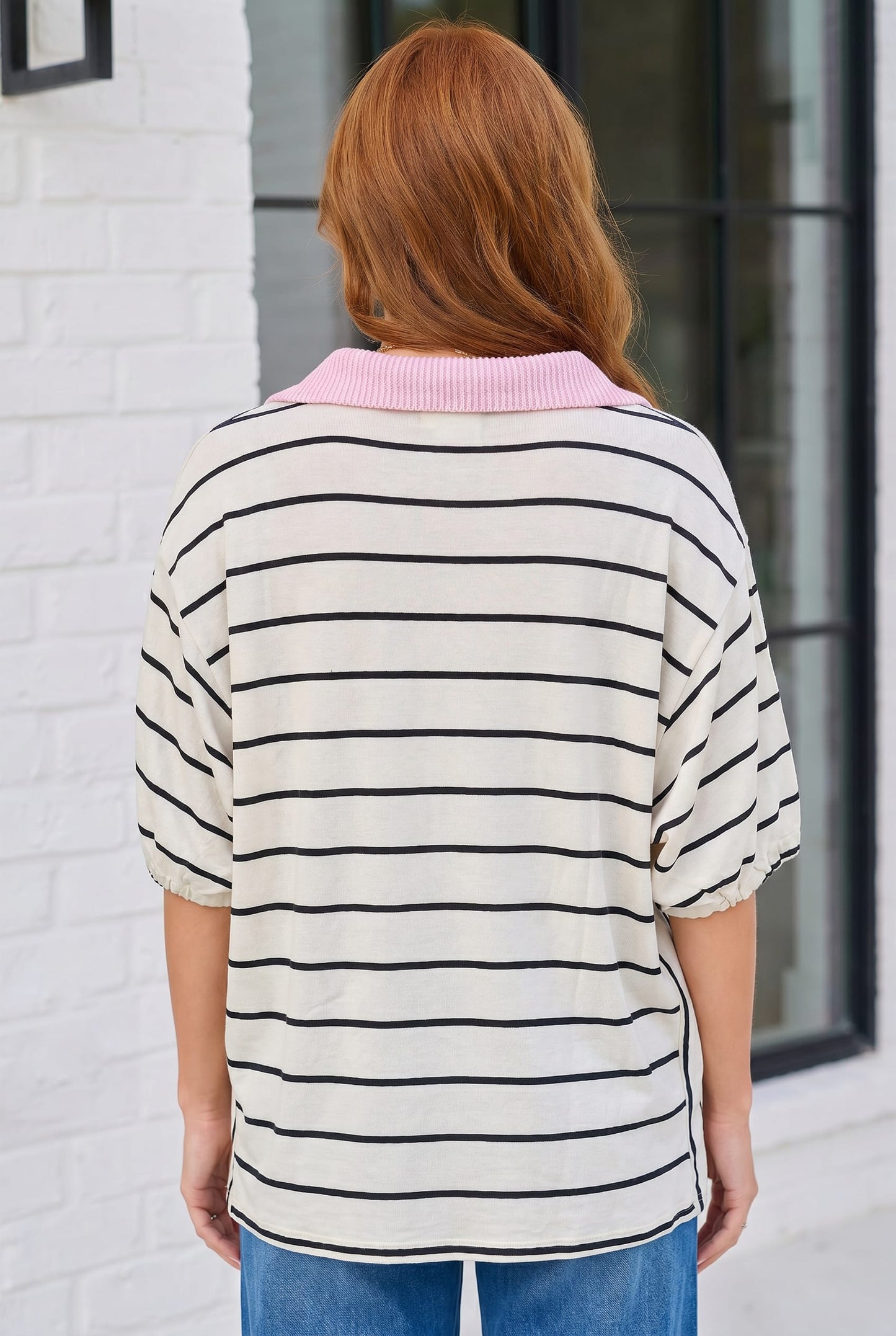 Stripe It Up Polo Tee in Ivory and Pink