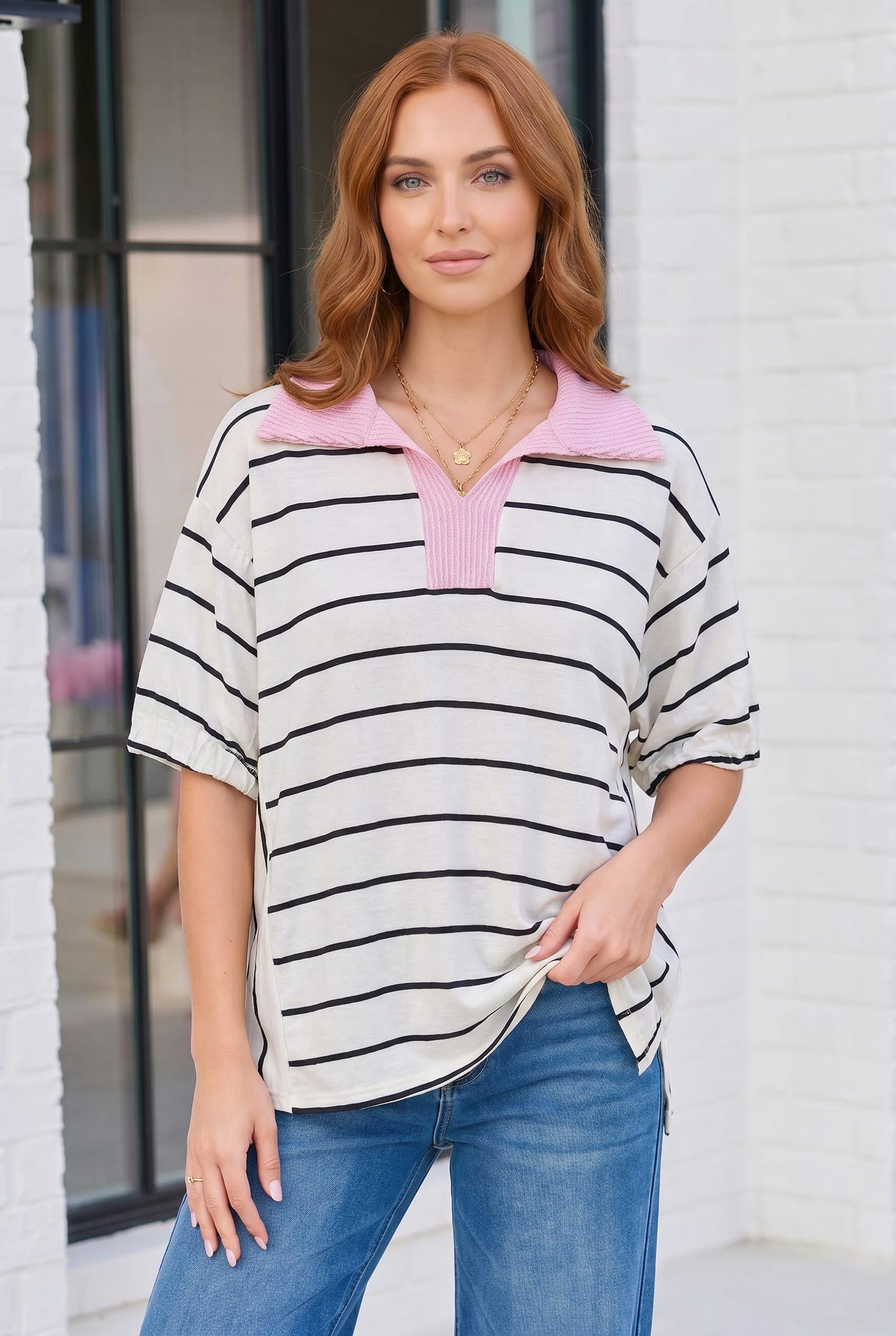 Stripe It Up Polo Tee in Ivory and Pink
