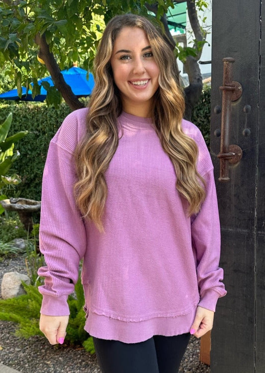 ROUNDED BOTTOM Cozy Cord Crew Sweatshirt - DEEP VIOLET