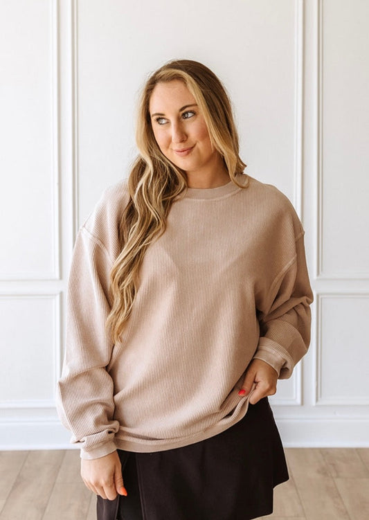 MUSHROOM - Essential Luxe Corded Crew Sweatshirt