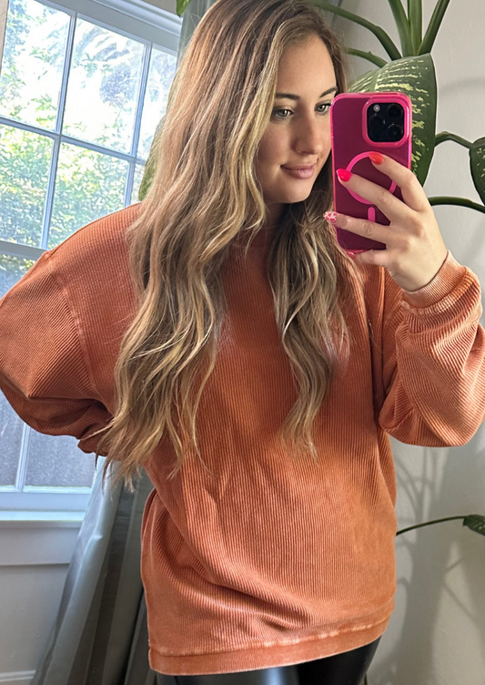 BURNT ORANGE - Essential Luxe Corded Crew Sweatshirt