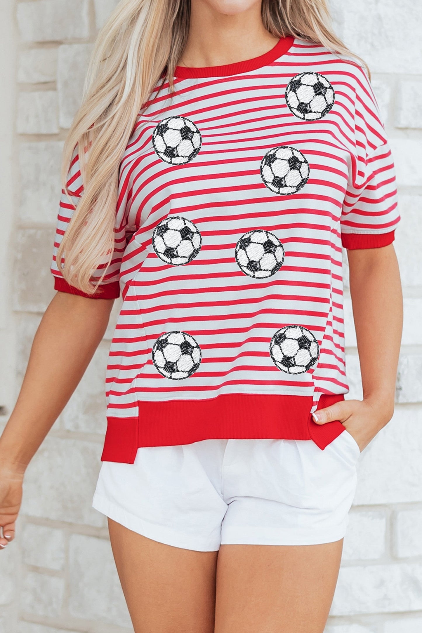 Red Stripe Sequin Soccer Shirt RTS