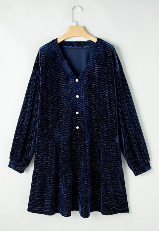 PLUS SIZE TEXTURED VELVET V NECK DRESS RTS