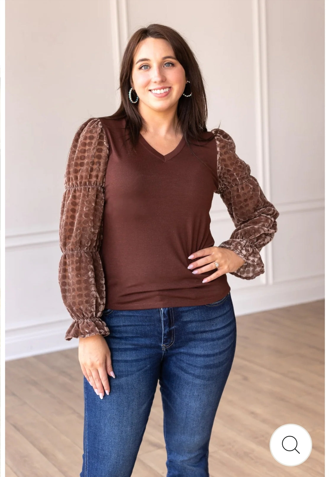 Brown top with Burnout Velvet sleeves