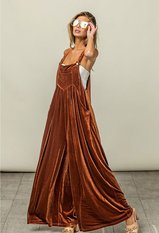 Wide Leg Velvet Overalls w/ Pockets