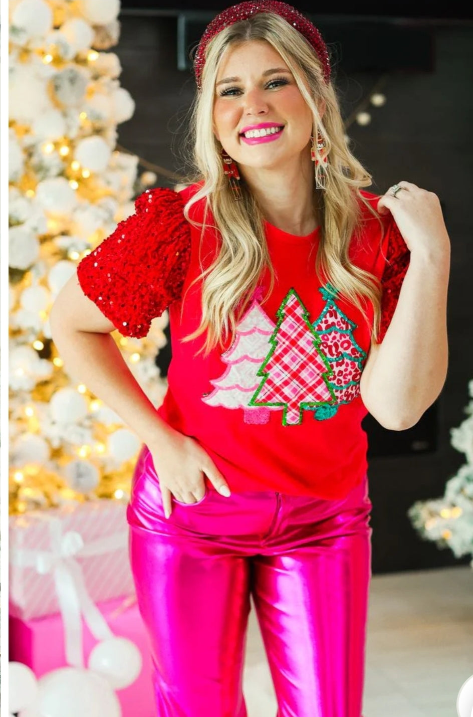 Festive Forest on Red T-Shirt with Sequin Velvet Sleeves