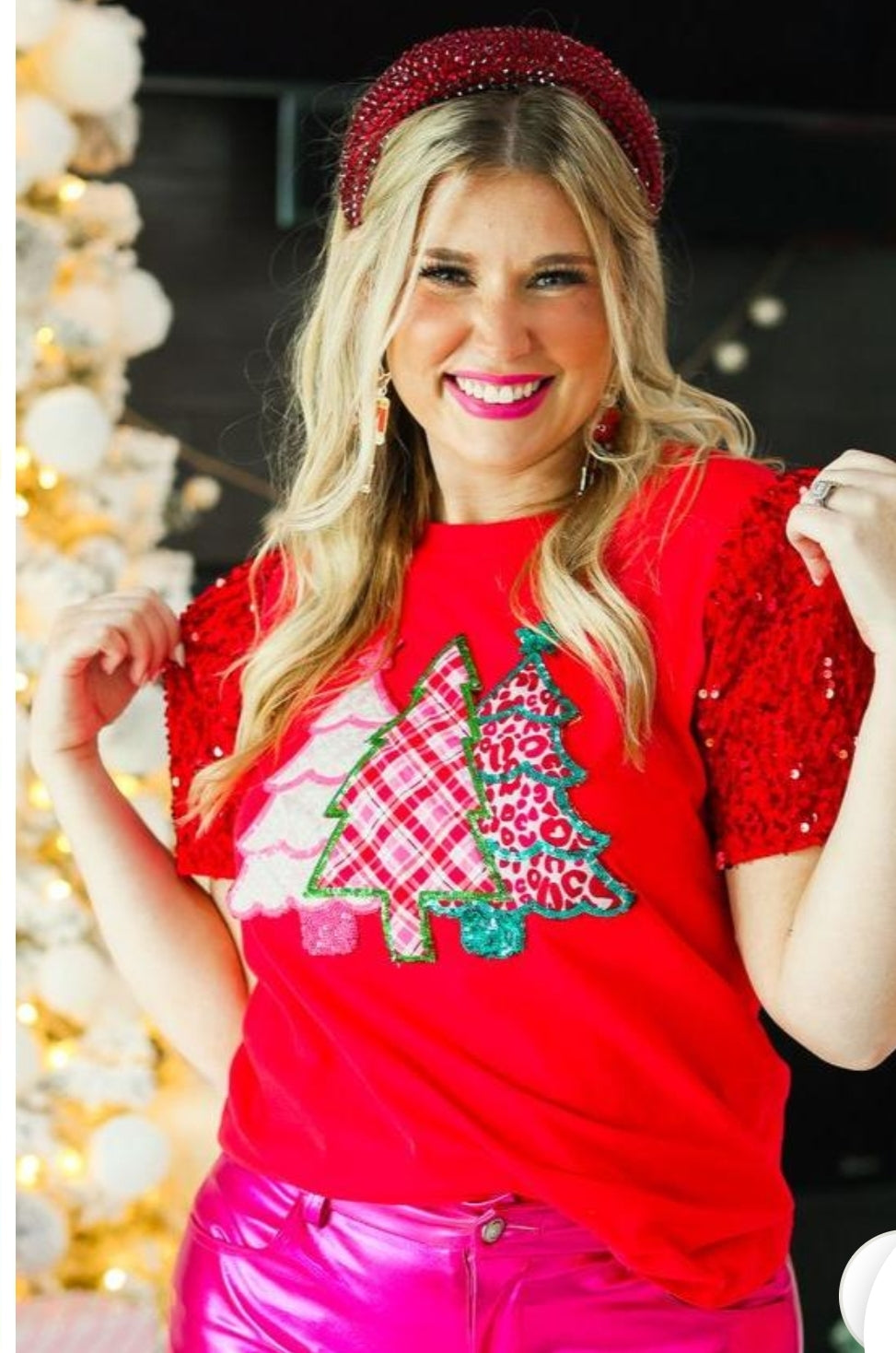 Festive Forest on Red T-Shirt with Sequin Velvet Sleeves