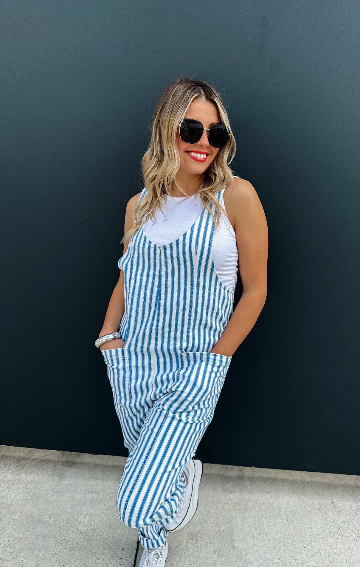 PREORDER- BLUE STRIPE BRITTE ROMPER OVERALLS