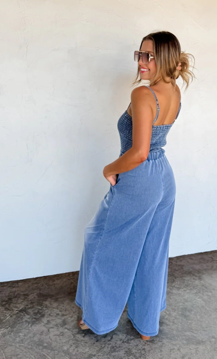 PREORDER- DENIM CRUSH SMOCKED ROMPER