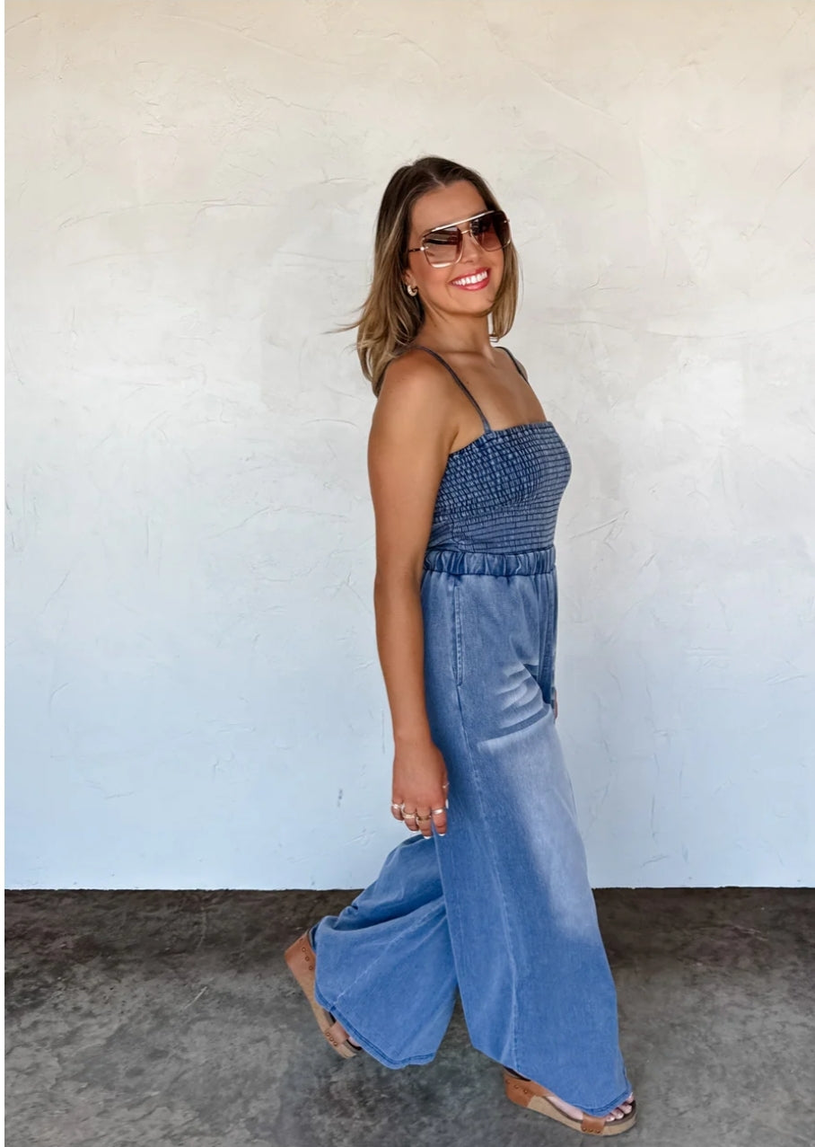PREORDER- DENIM CRUSH SMOCKED ROMPER