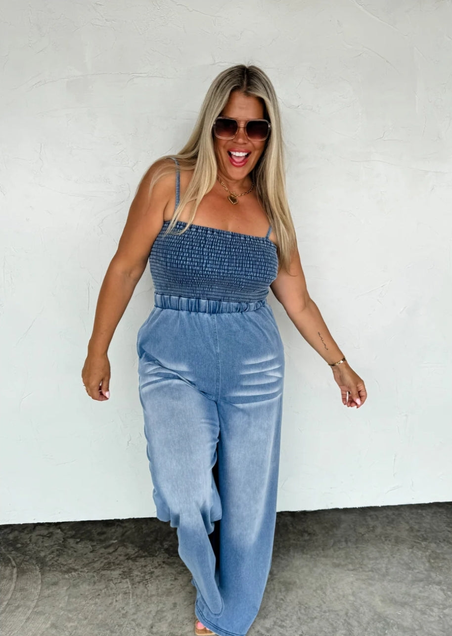 PREORDER- DENIM CRUSH SMOCKED ROMPER