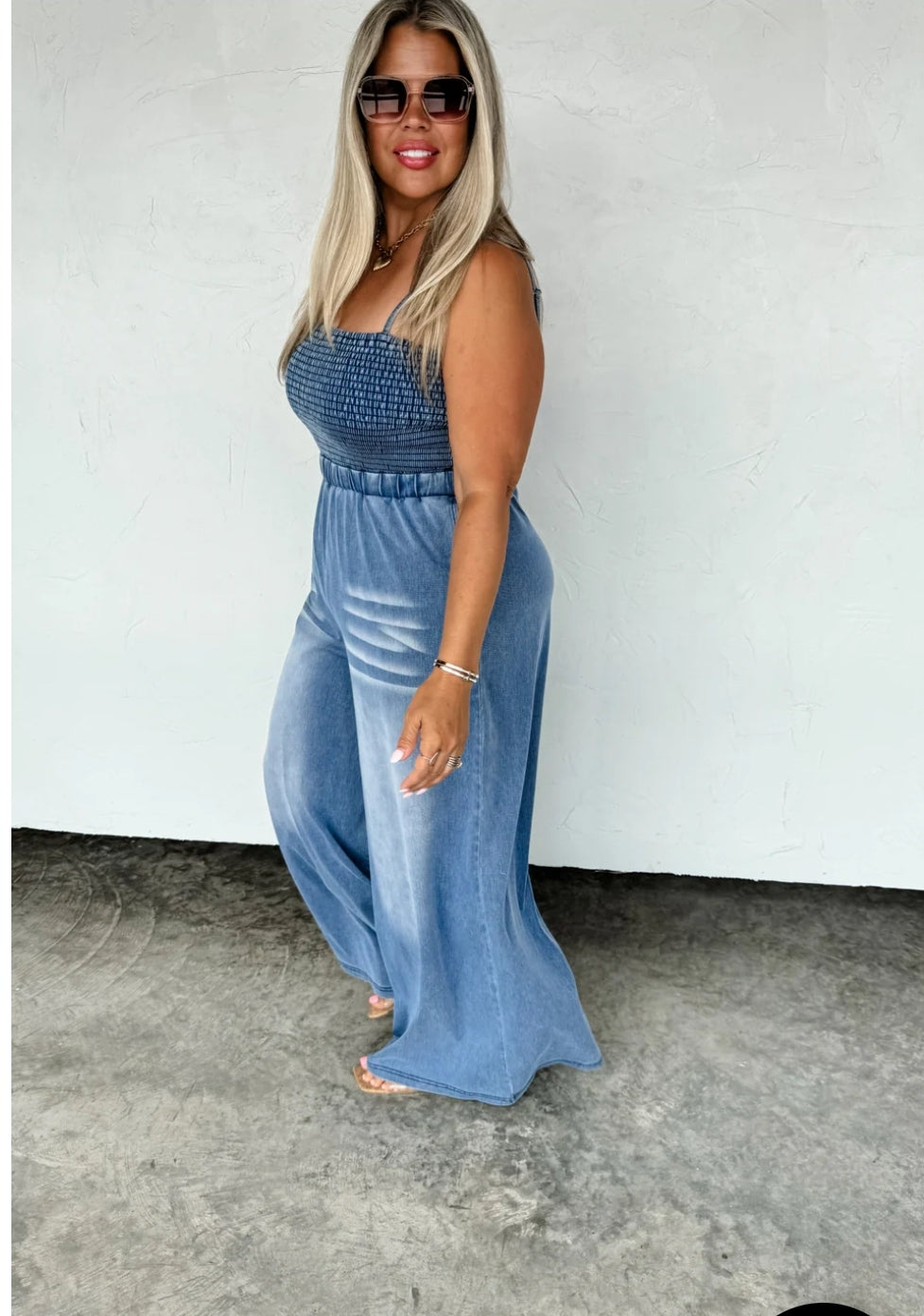 PREORDER- DENIM CRUSH SMOCKED ROMPER
