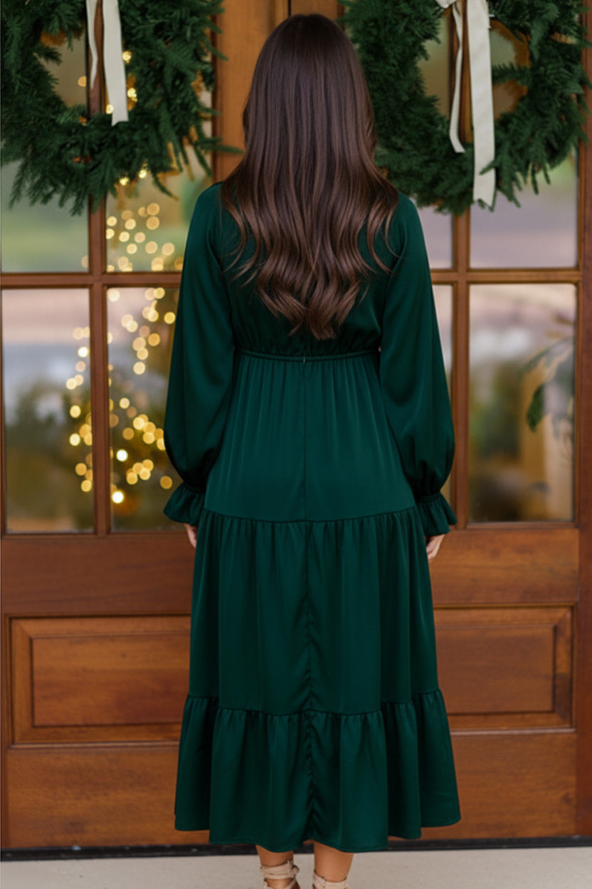 Goddess Grove Green Satin Maxi Dress